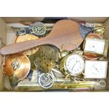 A mixed collection of metal ware items including: horse brasses, clocks, bellows, shoe horn etc (1