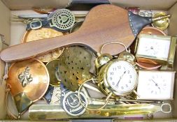 A mixed collection of metal ware items including: horse brasses, clocks, bellows, shoe horn etc (1