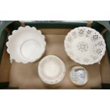 A mixed collection of items to include Belleek bowl: Royal Creamware footed cake stand and bowl,