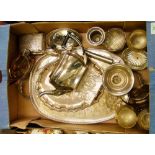 A mixed collection of metal ware items to include: silver plated tea service, goblets, boxes,