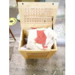 Wooden laundry hamper: together with various bedding items, bed covers, cushion covers etc..