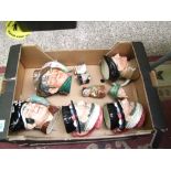 Royal Doulton character jugs: Beefeater x 2, Monty , Poacher, small arriet, miniature neptune and