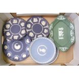 A collection of Wedgwood jasper ware items to include: green shaped tray, tri colour plate, Queens