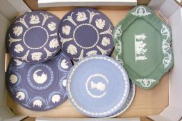 A collection of Wedgwood jasper ware items to include: green shaped tray, tri colour plate, Queens