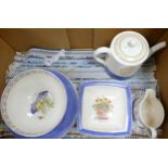 Wedgwood Sarah's garden tea ware: to include tea pot, dinner plates x 4, fruit bowl, square dish,