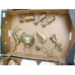 A mixed collection of Brass ware items to include miniature minors lamps (1 converted to a table