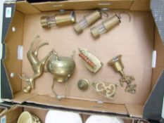 A mixed collection of Brass ware items to include miniature minors lamps (1 converted to a table