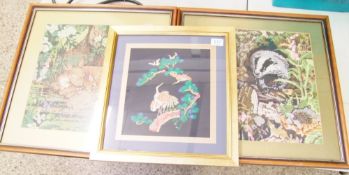 Two cross stitch framed pictures: together with a framed Oriental ink block picture.