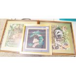 Two cross stitch framed pictures: together with a framed Oriental ink block picture.