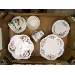 Shelley tea ware to include : two floral footed cake stands, two strawberry patterned cup &