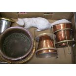 A mixed collection of items to include copper and brass planters, concrete garden ornament etc (1