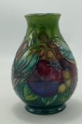 Moorcroft Finch and Berries vase: on green background. Height 13cm