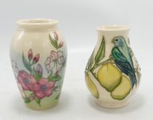 Moorcroft Spring Bloom vase: together with a finch and lemon vase. Height of tallest 10.5cm