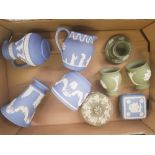A collection of Wedgwood jasperware items: lidded pots, pair of vases, jugs etc (1 tray).