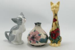 Cobridge stoneware floral vase : together with a Lladro cat and a old tupton floral cat (3)