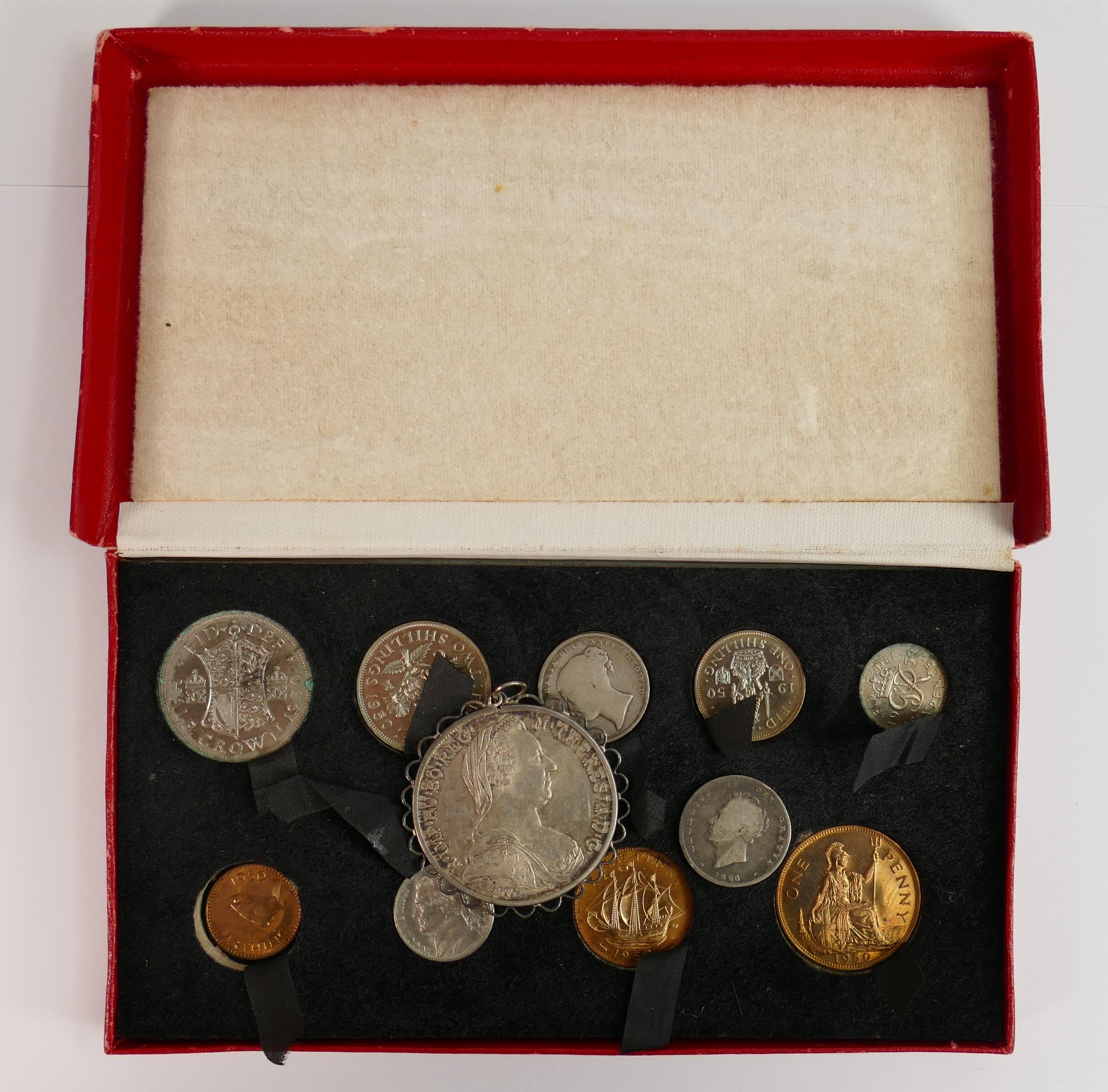 A collection of coins including 1950 part boxed Royal Mint set etc: