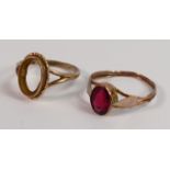 9ct rose gold ring shank, 1.5g: and a yellow metal ring nset with red stone. (2)