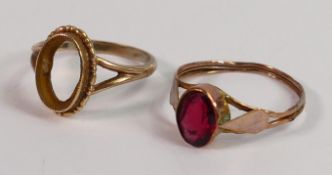 9ct rose gold ring shank, 1.5g: and a yellow metal ring nset with red stone. (2)