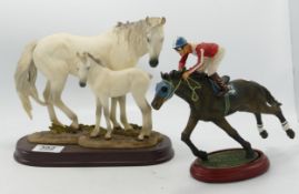 Two resin horse groups on base: one Leonardo and the other Cellini collection racehorse & jockey. (