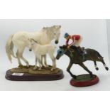 Two resin horse groups on base: one Leonardo and the other Cellini collection racehorse & jockey. (