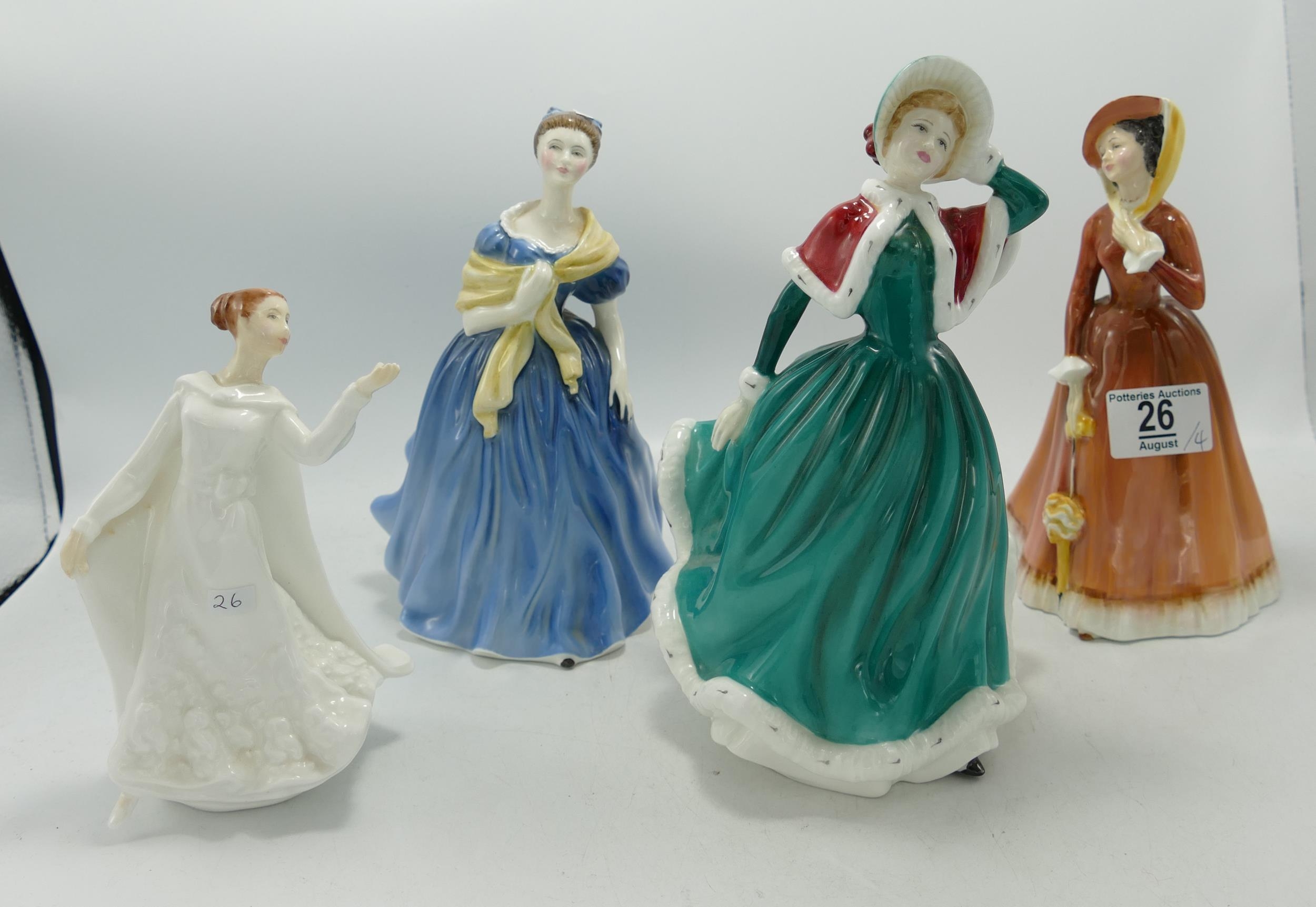 Royal Doulton lady figures: Julia HN2705, Adrienne HN2304, Christmas Day 2001 and a child figure. (