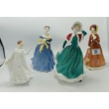 Royal Doulton lady figures: Julia HN2705, Adrienne HN2304, Christmas Day 2001 and a child figure. (