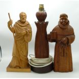 Hand carved figures of monks , and similar lamp base . Height of tallest 39cm (3)