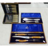 Mapplin & Webb cased silver handled carving set: together with cased fish knife set and serving