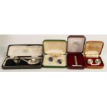 Group of silver items including 2 pairs of cased sterling silver cuff links, tie pin & cased