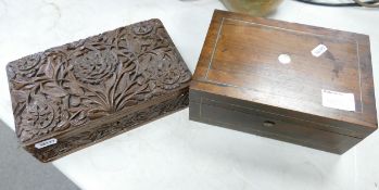 Ornately Carved Wooden Box & similar inlaid item, largest 22.5cm in length(2)