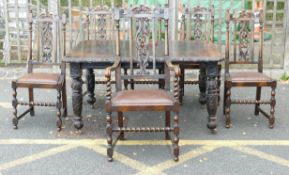 Ornate Extending Oak table & six chairs including carvers