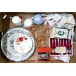 A mixed collection of items including Royal Doulton plates, costume jewellery, Ruby wedding cups &