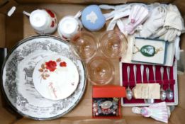 A mixed collection of items including Royal Doulton plates, costume jewellery, Ruby wedding cups &