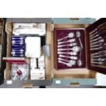 A collection of cased Knife & spoon sets together with wooden part filled cutlery canteen(2 trays)