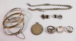A collection of silver jewellery: including bracelets, rings, pendants etc, 102g.
