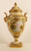 Noritake porcelain gilded two handled vase & cover, decorated with panels of lake and landscape