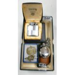 A collection of items including Ronson lighter, Military cap badges, modern pocket watch & chain etc