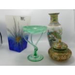 A collection of pottery & glassware: including art glass vases, Chinese porcelain vase and cloisonné