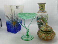 A collection of pottery & glassware: including art glass vases, Chinese porcelain vase and cloisonné