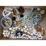 A collection of costume jewelry to include ladies watches, beads, rings, bangles etc