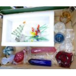 A collection of decorative glass items including hand blown Christmas Tree, similar flowers, Mdena