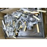 A collection of vintage cutlery with bone handles together with large oak carved serving tray
