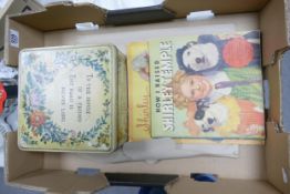 A collection of vintage Shirley Temple Theme Books together with Carr & Co vintage Biscuit tin