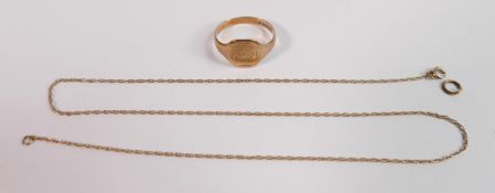 9ct gold signet ring and broken 9ct chain, 3.2g: