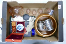 A mixed collection of items to include: large wooden turned fruit bowl, 1930's Pink Glass Lemonade