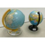 Vintage tin plate world globe and another smaller version: tallest h.32cm. (2)