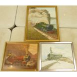 Three Framed Oil on Canvas Pictures with Steam Train Theme, initialed N Nicholls, largest frame size