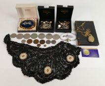 A good collection of costume jewellery: including musical compact, watches, EPNS babies bear rattle,