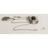 Silver Art Noveau style brooch set with oval black stone and pendant & chain, 45.6g. (2)