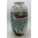 Cobridge stoneware vase decorated with fishing boaat and sea gulls: Height 21cm